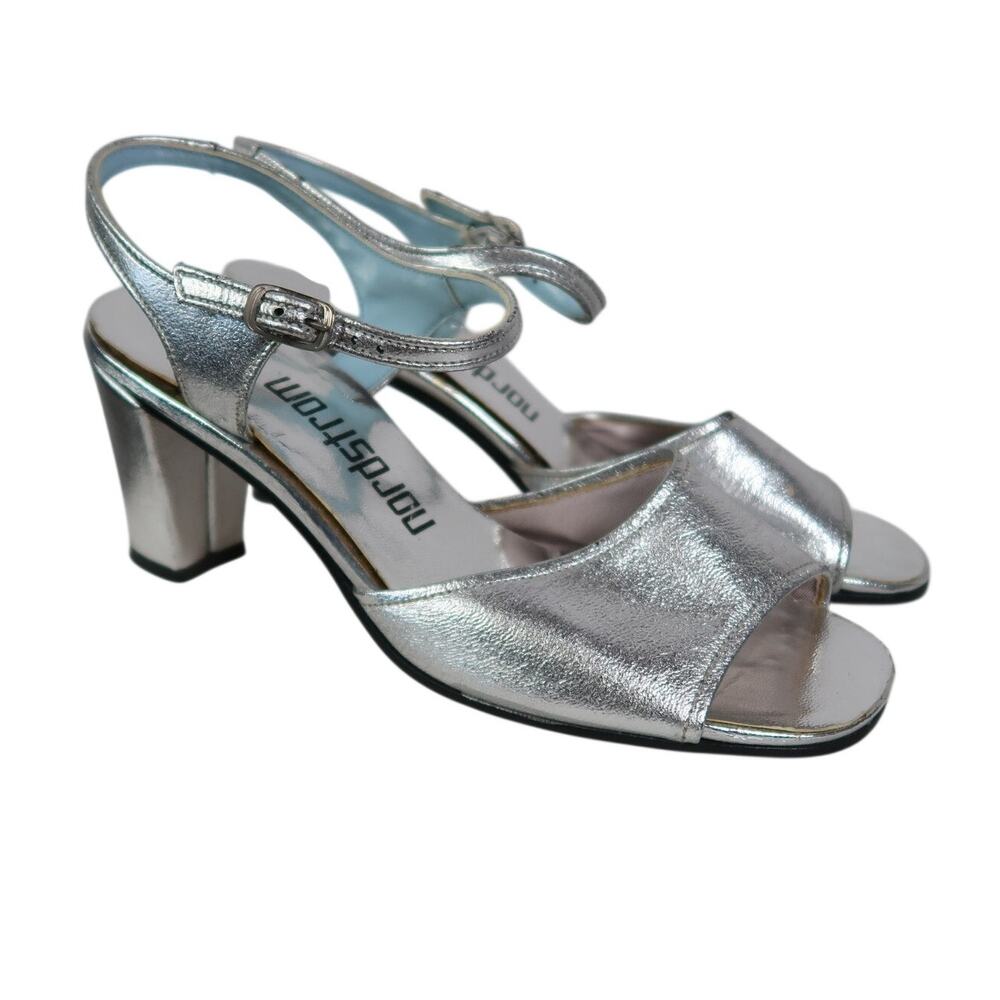 Vintage 90s Nordstrom Metallic Silver Open Toe Heels 6
